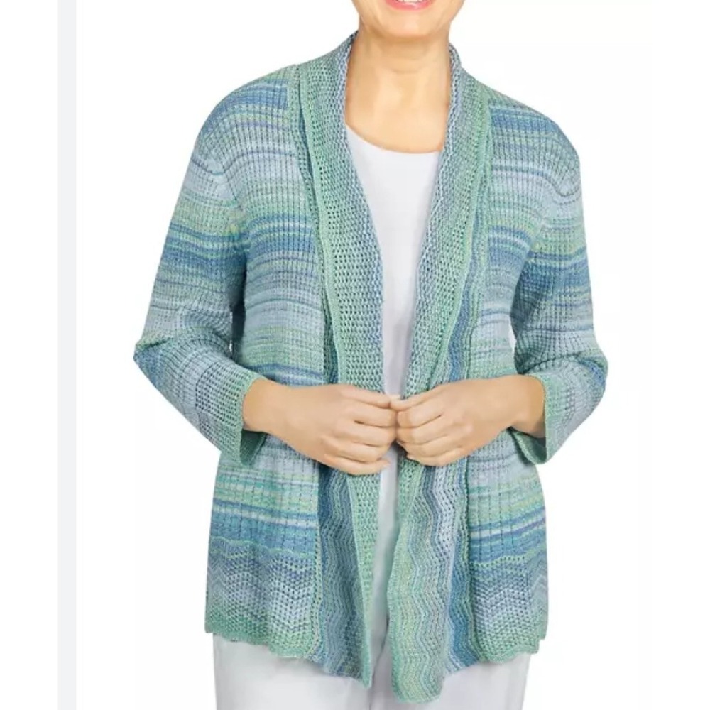 Alfred Dunner‎ Womens Plus 1X Seafoam Glitter Striped Cardigan Sweater NWT